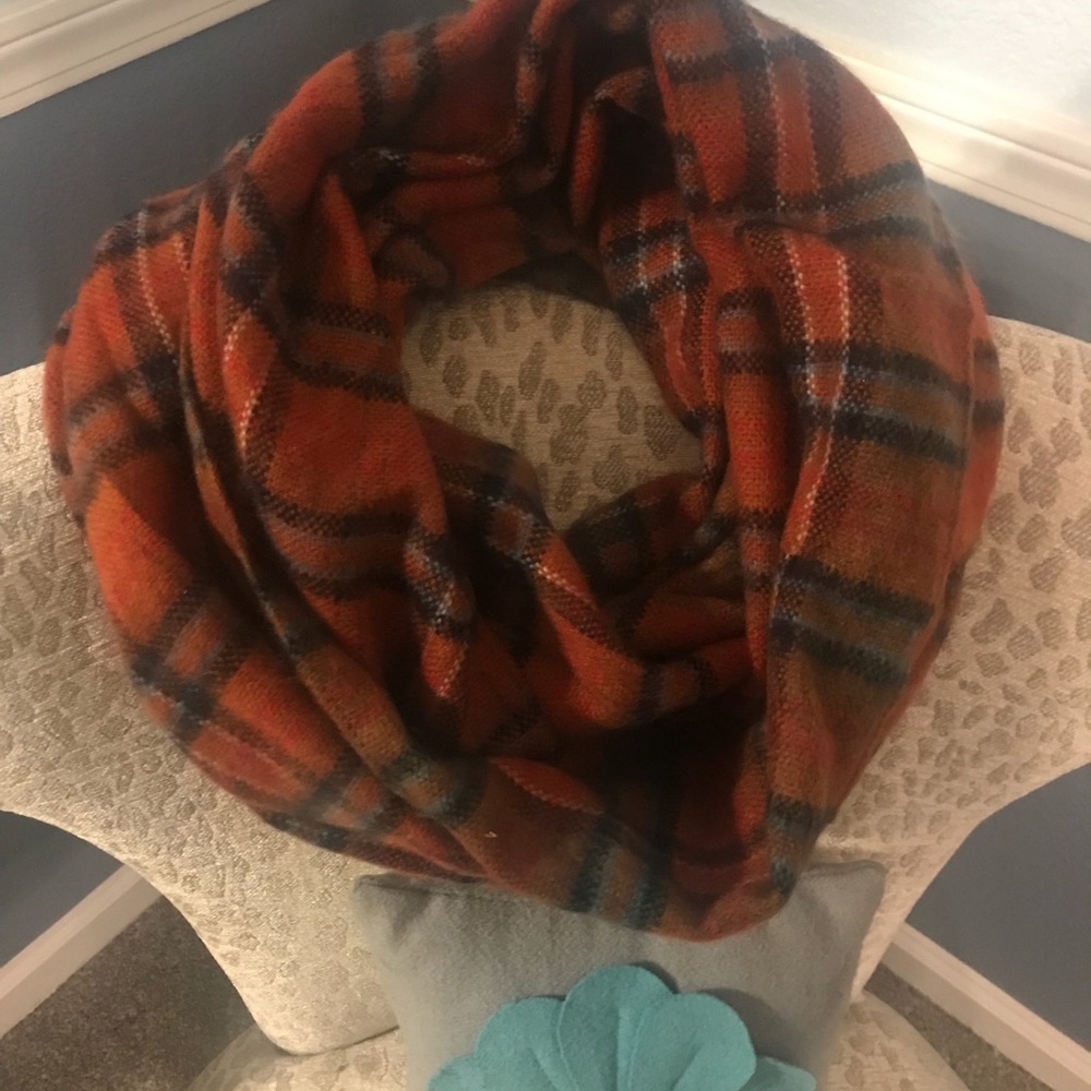 LOFT Orange Plaid Infinity Scarf with Navy Accents